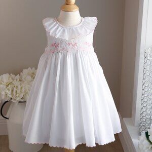 Smocked White Dress with Pink Embroidery Boutique Luli & Me Sleeveless NWT